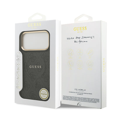 Apple iPhone 17 Pro Max Kılıf Guess Orjinal Lisanslı M-safe Şarj Özellikli Gold Metal Kamera Çerçeveli PU Deri 4G Desenli Yazı Logolu Kapak Kahverengi