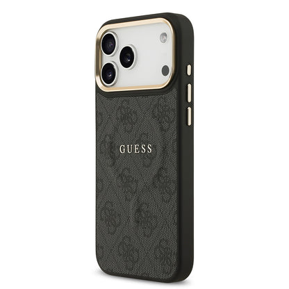 iPhone 17 Pro Max Kılıf Guess Orjinal Lisanslı M-safe Şarj Özellikli Gold Metal Kamera Çerçeveli PU Deri 4G Desenli Yazı Logolu Kılıf