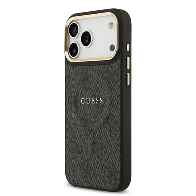 Apple iPhone 17 Pro Max Kılıf Guess Orjinal Lisanslı M-safe Şarj Özellikli Gold Metal Kamera Çerçeveli PU Deri 4G Desenli Yazı Logolu Kapak Pembe
