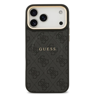 Apple iPhone 17 Pro Max Kılıf Guess Orjinal Lisanslı M-safe Şarj Özellikli Gold Metal Kamera Çerçeveli PU Deri 4G Desenli Yazı Logolu Kapak Pembe