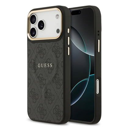iPhone 17 Pro Max Kılıf Guess Orjinal Lisanslı M-safe Şarj Özellikli Gold Metal Kamera Çerçeveli PU Deri 4G Desenli Yazı Logolu Kılıf