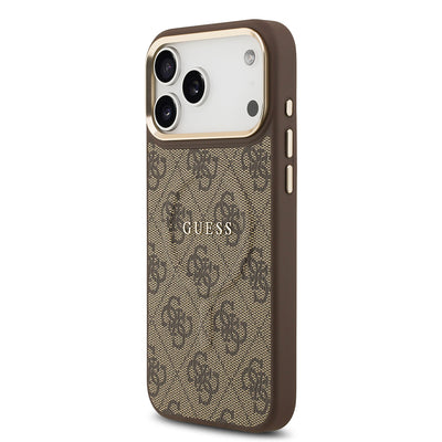 Apple iPhone 17 Pro Max Kılıf Guess Orjinal Lisanslı M-safe Şarj Özellikli Gold Metal Kamera Çerçeveli PU Deri 4G Desenli Yazı Logolu Kapak Pembe