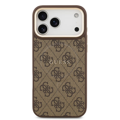 Apple iPhone 17 Pro Max Kılıf Guess Orjinal Lisanslı M-safe Şarj Özellikli Gold Metal Kamera Çerçeveli PU Deri 4G Desenli Yazı Logolu Kapak Kahverengi