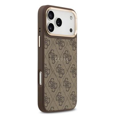 Apple iPhone 17 Pro Max Kılıf Guess Orjinal Lisanslı M-safe Şarj Özellikli Gold Metal Kamera Çerçeveli PU Deri 4G Desenli Yazı Logolu Kapak Kahverengi