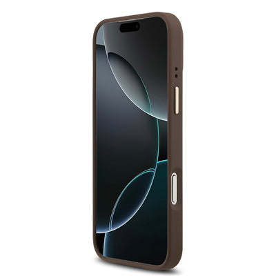Apple iPhone 17 Pro Max Kılıf Guess Orjinal Lisanslı M-safe Şarj Özellikli Gold Metal Kamera Çerçeveli PU Deri 4G Desenli Yazı Logolu Kapak Pembe