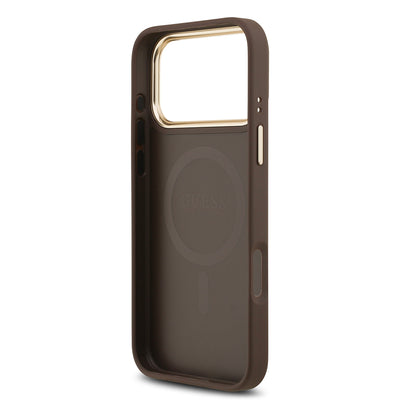 Apple iPhone 17 Pro Max Kılıf Guess Orjinal Lisanslı M-safe Şarj Özellikli Gold Metal Kamera Çerçeveli PU Deri 4G Desenli Yazı Logolu Kapak Siyah