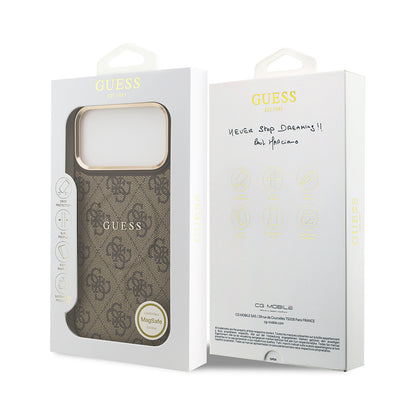Apple iPhone 17 Pro Max Kılıf Guess Orjinal Lisanslı M-safe Şarj Özellikli Gold Metal Kamera Çerçeveli PU Deri 4G Desenli Yazı Logolu Kapak Pembe