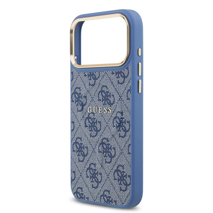 iPhone 17 Pro Max Kılıf Guess Orjinal Lisanslı M-safe Şarj Özellikli Gold Metal Kamera Çerçeveli PU Deri 4G Desenli Yazı Logolu Kılıf