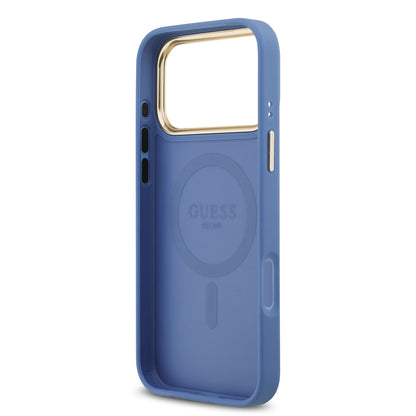 iPhone 17 Pro Max Kılıf Guess Orjinal Lisanslı M-safe Şarj Özellikli Gold Metal Kamera Çerçeveli PU Deri 4G Desenli Yazı Logolu Kılıf