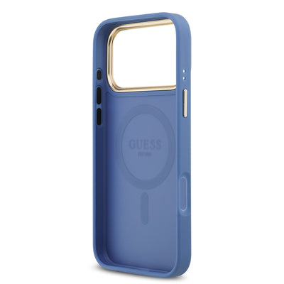 Apple iPhone 17 Pro Max Kılıf Guess Orjinal Lisanslı M-safe Şarj Özellikli Gold Metal Kamera Çerçeveli PU Deri 4G Desenli Yazı Logolu Kapak Pembe