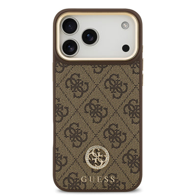 Apple iPhone 17 Pro Max Kılıf Guess Orjinal Lisanslı M-safe Şarj Özellikli Gold Metal Kamera Çerçeveli Taşlı 4G Logolu Kapak Kahverengi