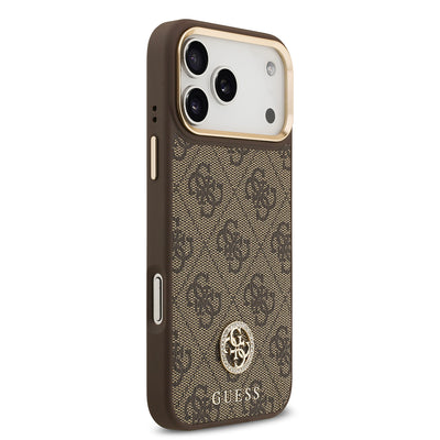 Apple iPhone 17 Pro Max Kılıf Guess Orjinal Lisanslı M-safe Şarj Özellikli Gold Metal Kamera Çerçeveli Taşlı 4G Logolu Kapak Kahverengi