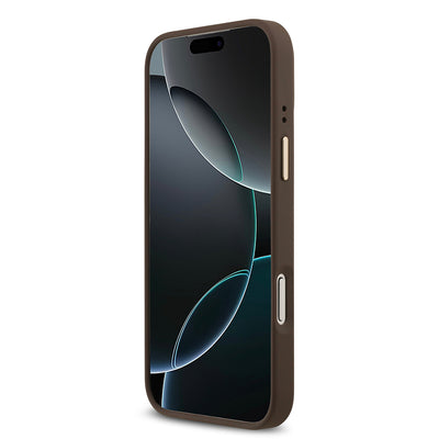 Apple iPhone 17 Pro Max Kılıf Guess Orjinal Lisanslı M-safe Şarj Özellikli Gold Metal Kamera Çerçeveli Taşlı 4G Logolu Kapak Kahverengi