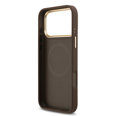 Apple iPhone 17 Pro Max Kılıf Guess Orjinal Lisanslı M-safe Şarj Özellikli Gold Metal Kamera Çerçeveli Taşlı 4G Logolu Kapak Kahverengi