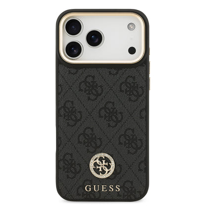 iPhone 17 Pro Max Kılıf Guess Orjinal Lisanslı M-safe Şarj Özellikli Gold Metal Kamera Çerçeveli Taşlı 4G Logolu Kılıf