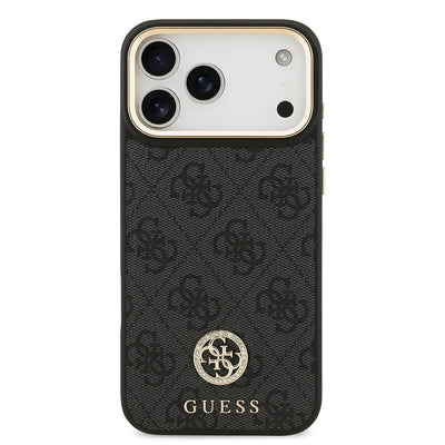 Apple iPhone 17 Pro Max Kılıf Guess Orjinal Lisanslı M-safe Şarj Özellikli Gold Metal Kamera Çerçeveli Taşlı 4G Logolu Kapak Kahverengi
