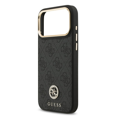 Apple iPhone 17 Pro Max Kılıf Guess Orjinal Lisanslı M-safe Şarj Özellikli Gold Metal Kamera Çerçeveli Taşlı 4G Logolu Kapak Kahverengi
