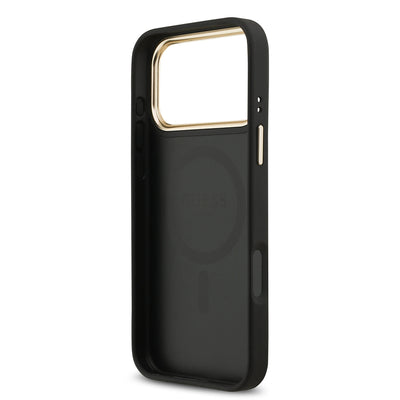 Apple iPhone 17 Pro Max Kılıf Guess Orjinal Lisanslı M-safe Şarj Özellikli Gold Metal Kamera Çerçeveli Taşlı 4G Logolu Kapak Kahverengi