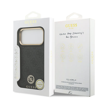 Apple iPhone 17 Pro Max Kılıf Guess Orjinal Lisanslı M-safe Şarj Özellikli Gold Metal Kamera Çerçeveli Taşlı 4G Logolu Kapak Kahverengi