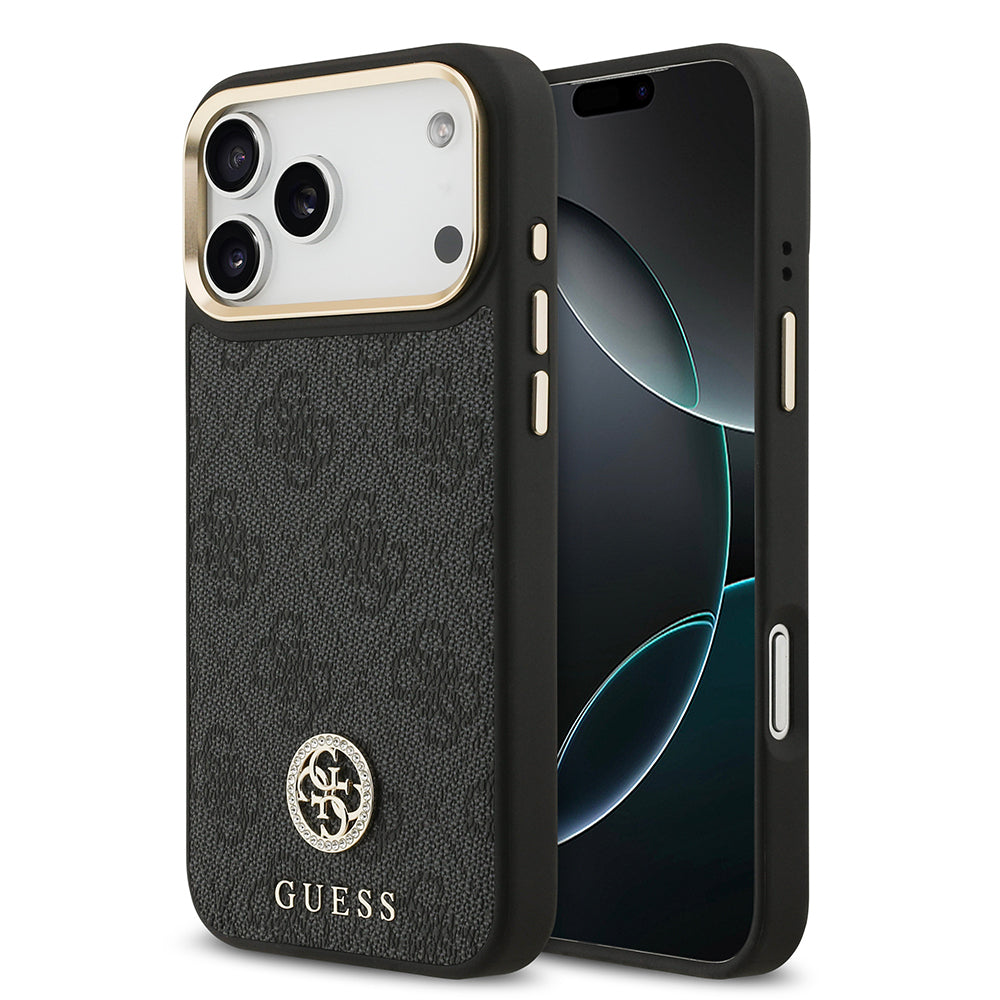 iPhone 17 Pro Max Kılıf Guess Orjinal Lisanslı M-safe Şarj Özellikli Gold Metal Kamera Çerçeveli Taşlı 4G Logolu Kılıf