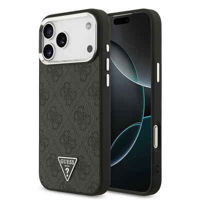 Apple iPhone 17 Pro Max Kılıf Guess Orjinal Lisanslı M-safe Şarj Özellikli Gold Metal Kamera Çerçeveli Taşlı Üçgen Logo 4G Desenli Kapak Kahverengi