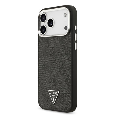 Apple iPhone 17 Pro Max Kılıf Guess Orjinal Lisanslı M-safe Şarj Özellikli Gold Metal Kamera Çerçeveli Taşlı Üçgen Logo 4G Desenli Kapak Siyah