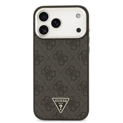 Apple iPhone 17 Pro Max Kılıf Guess Orjinal Lisanslı M-safe Şarj Özellikli Gold Metal Kamera Çerçeveli Taşlı Üçgen Logo 4G Desenli Kapak Siyah