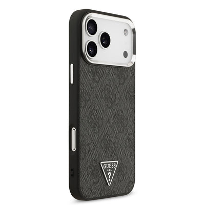 Apple iPhone 17 Pro Max Kılıf Guess Orjinal Lisanslı M-safe Şarj Özellikli Gold Metal Kamera Çerçeveli Taşlı Üçgen Logo 4G Desenli Kapak Siyah