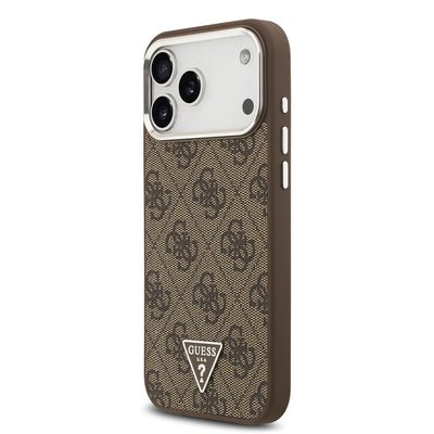Apple iPhone 17 Pro Max Kılıf Guess Orjinal Lisanslı M-safe Şarj Özellikli Gold Metal Kamera Çerçeveli Taşlı Üçgen Logo 4G Desenli Kapak Siyah