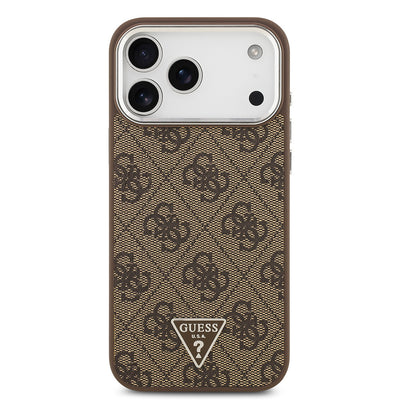 Apple iPhone 17 Pro Max Kılıf Guess Orjinal Lisanslı M-safe Şarj Özellikli Gold Metal Kamera Çerçeveli Taşlı Üçgen Logo 4G Desenli Kapak Siyah