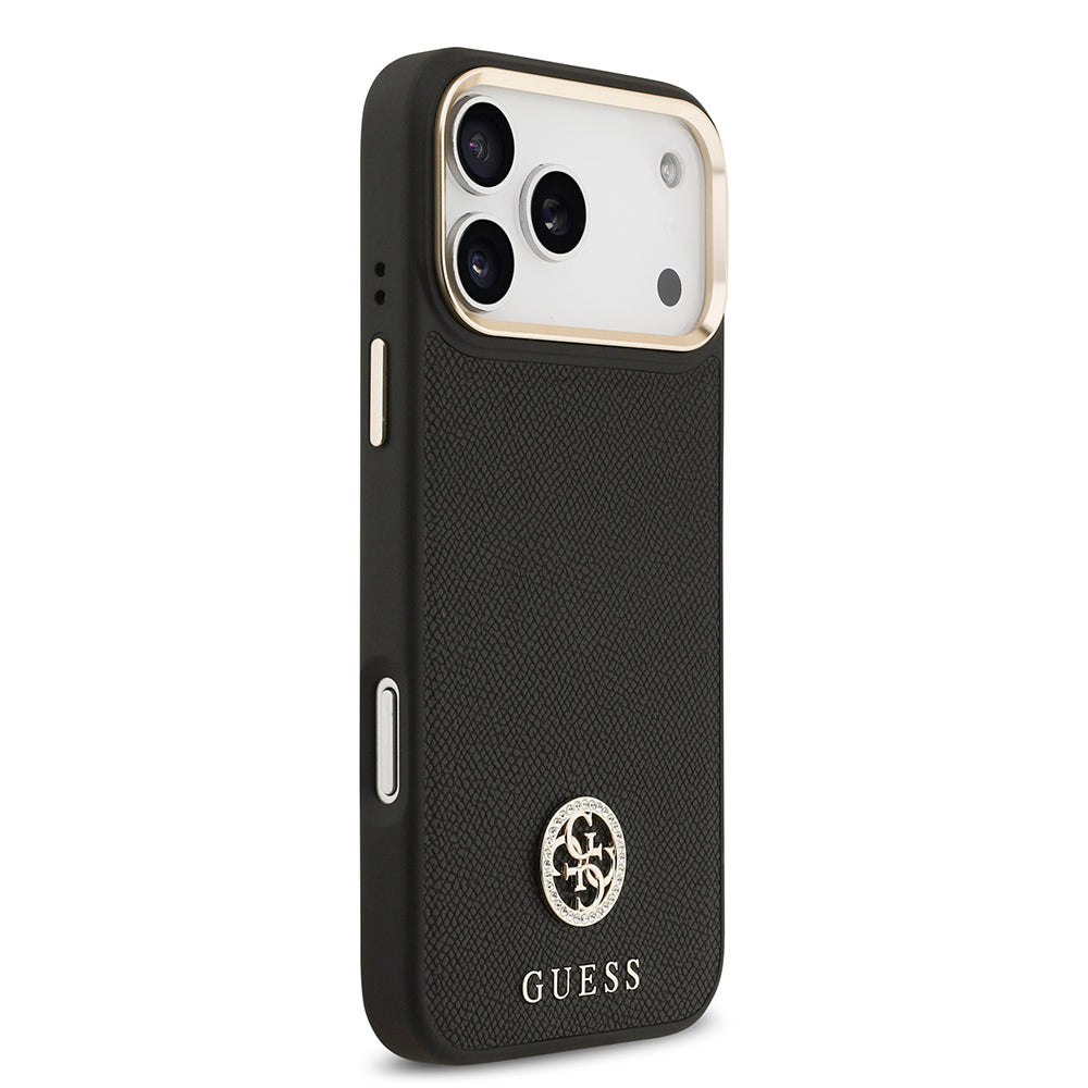 iPhone 17 Pro Max Kılıf Guess Orjinal Lisanslı M-safe Şarj Özellikli Grained Yazı ve Taşlı 4G Logolu Kılıf