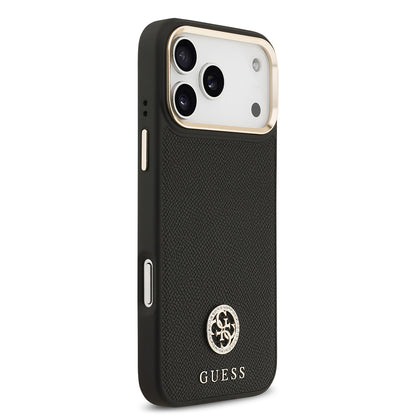 iPhone 17 Pro Max Kılıf Guess Orjinal Lisanslı M-safe Şarj Özellikli Grained Yazı ve Taşlı 4G Logolu Kılıf