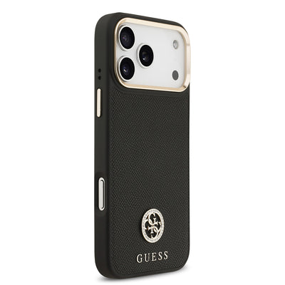 Apple iPhone 17 Pro Max Kılıf Guess Orjinal Lisanslı M-safe Şarj Özellikli Grained Yazı ve Taşlı 4G Logolu Kapak Siyah