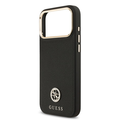 iPhone 17 Pro Max Kılıf Guess Orjinal Lisanslı M-safe Şarj Özellikli Grained Yazı ve Taşlı 4G Logolu Kılıf