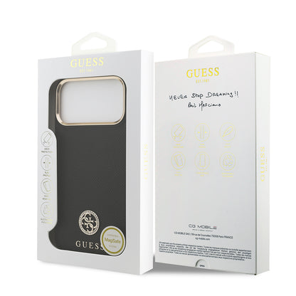 iPhone 17 Pro Max Kılıf Guess Orjinal Lisanslı M-safe Şarj Özellikli Grained Yazı ve Taşlı 4G Logolu Kılıf