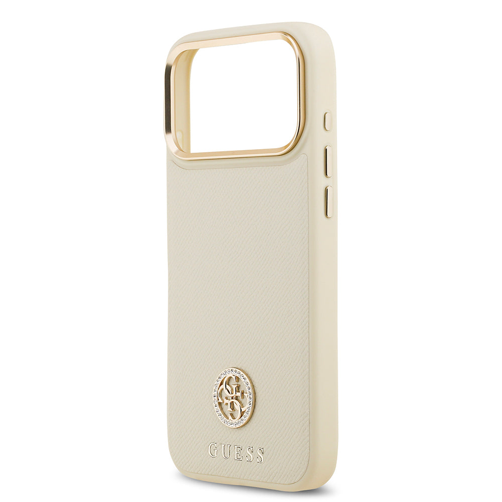 Apple iPhone 17 Pro Max Kılıf Guess Orjinal Lisanslı M-safe Şarj Özellikli Grained Yazı ve Taşlı 4G Logolu Kapak Siyah