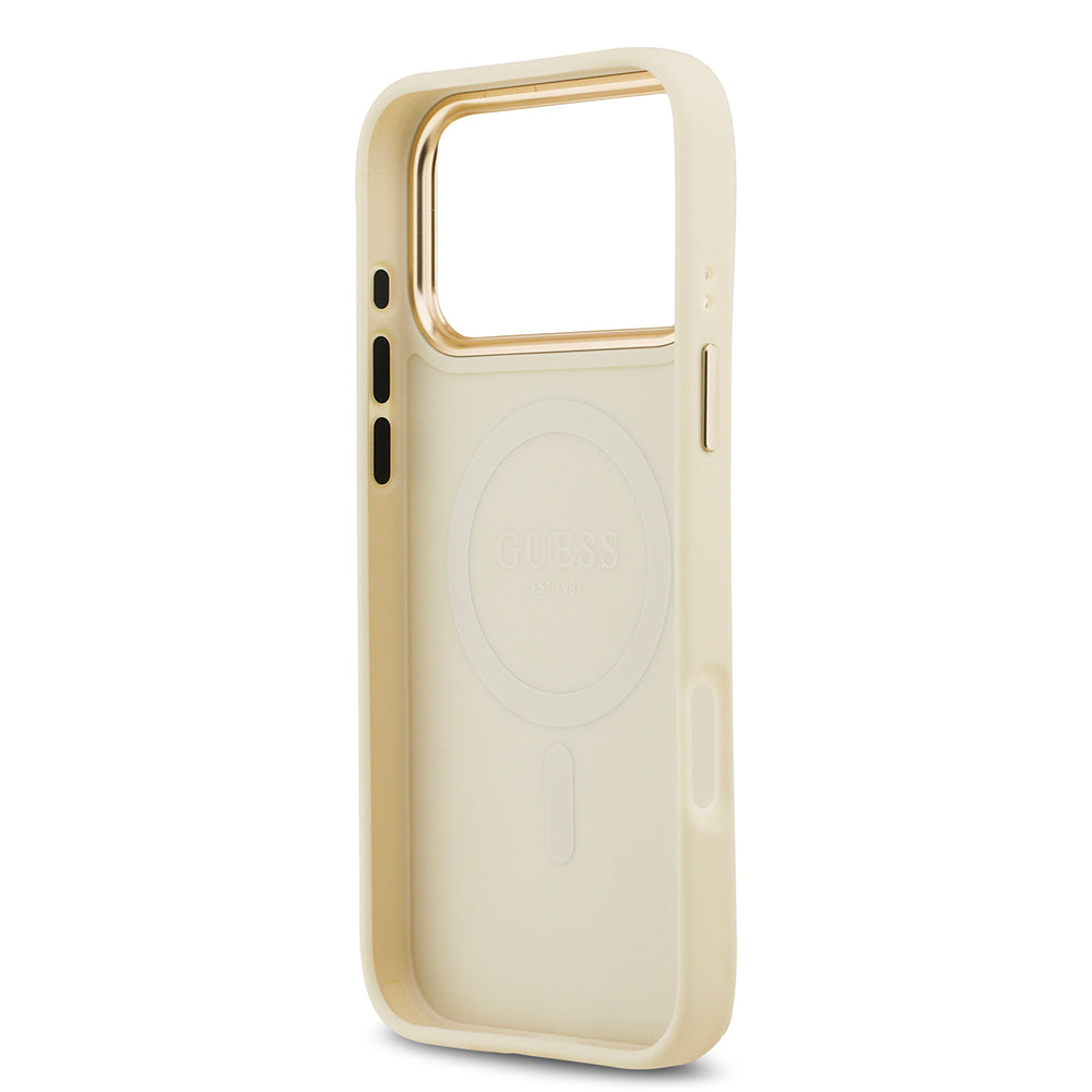 iPhone 17 Pro Max Kılıf Guess Orjinal Lisanslı M-safe Şarj Özellikli Grained Yazı ve Taşlı 4G Logolu Kılıf