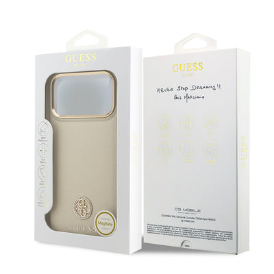 Apple iPhone 17 Pro Max Kılıf Guess Orjinal Lisanslı M-safe Şarj Özellikli Grained Yazı ve Taşlı 4G Logolu Kapak Bej