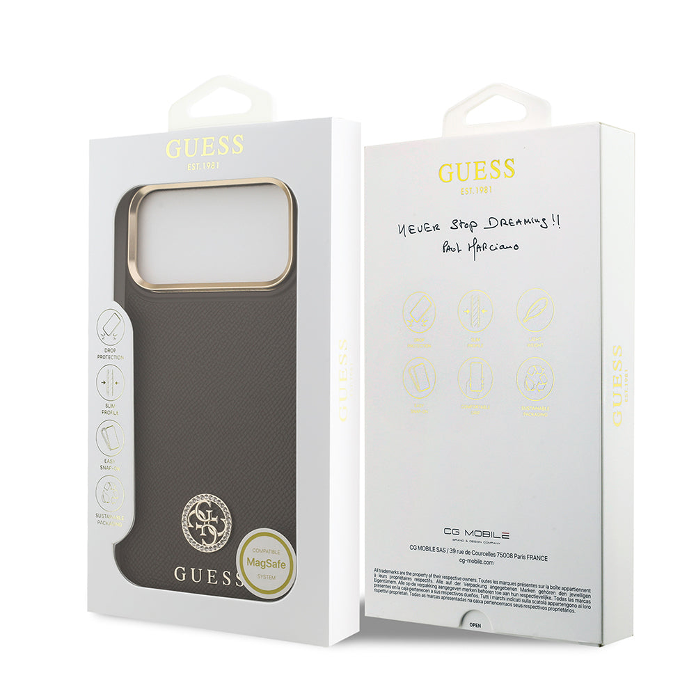 Apple iPhone 17 Pro Max Kılıf Guess Orjinal Lisanslı M-safe Şarj Özellikli Grained Yazı ve Taşlı 4G Logolu Kapak Bej
