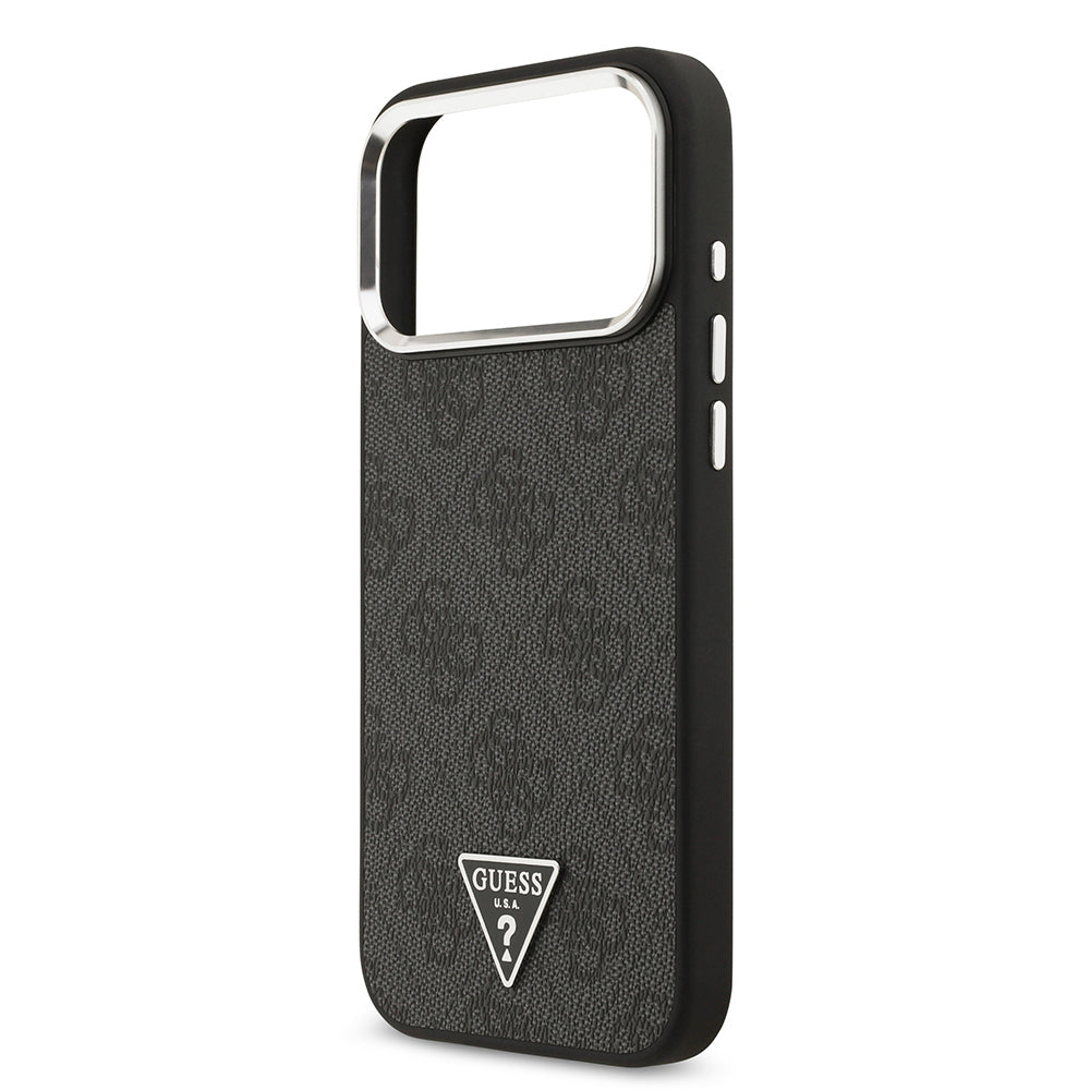 iPhone 17 Pro Max Kılıf Guess Orjinal Lisanslı M-safe Şarj Özellikli Gümüş Metal Kamera Çerçeveli Üçgen Logo 4G Desenli Kılıf