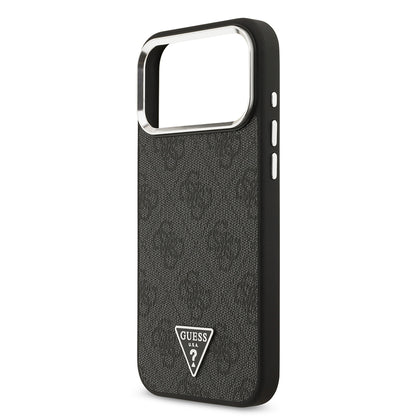 iPhone 17 Pro Max Kılıf Guess Orjinal Lisanslı M-safe Şarj Özellikli Gümüş Metal Kamera Çerçeveli Üçgen Logo 4G Desenli Kılıf