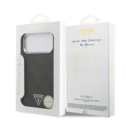 iPhone 17 Pro Max Kılıf Guess Orjinal Lisanslı M-safe Şarj Özellikli Gümüş Metal Kamera Çerçeveli Üçgen Logo 4G Desenli Kılıf