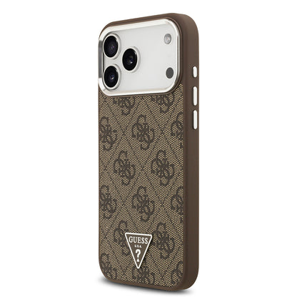 iPhone 17 Pro Max Kılıf Guess Orjinal Lisanslı M-safe Şarj Özellikli Gümüş Metal Kamera Çerçeveli Üçgen Logo 4G Desenli Kılıf