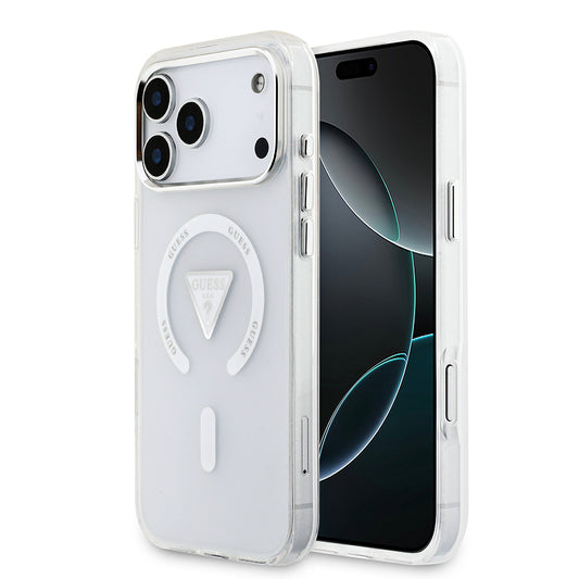 iPhone 17 Pro Max Kılıf Guess Orjinal Lisanslı M-safe Şarj Özellikli IML Baskılı Üçgen Logolu Metal Kamera Çerçeveli Kılıf