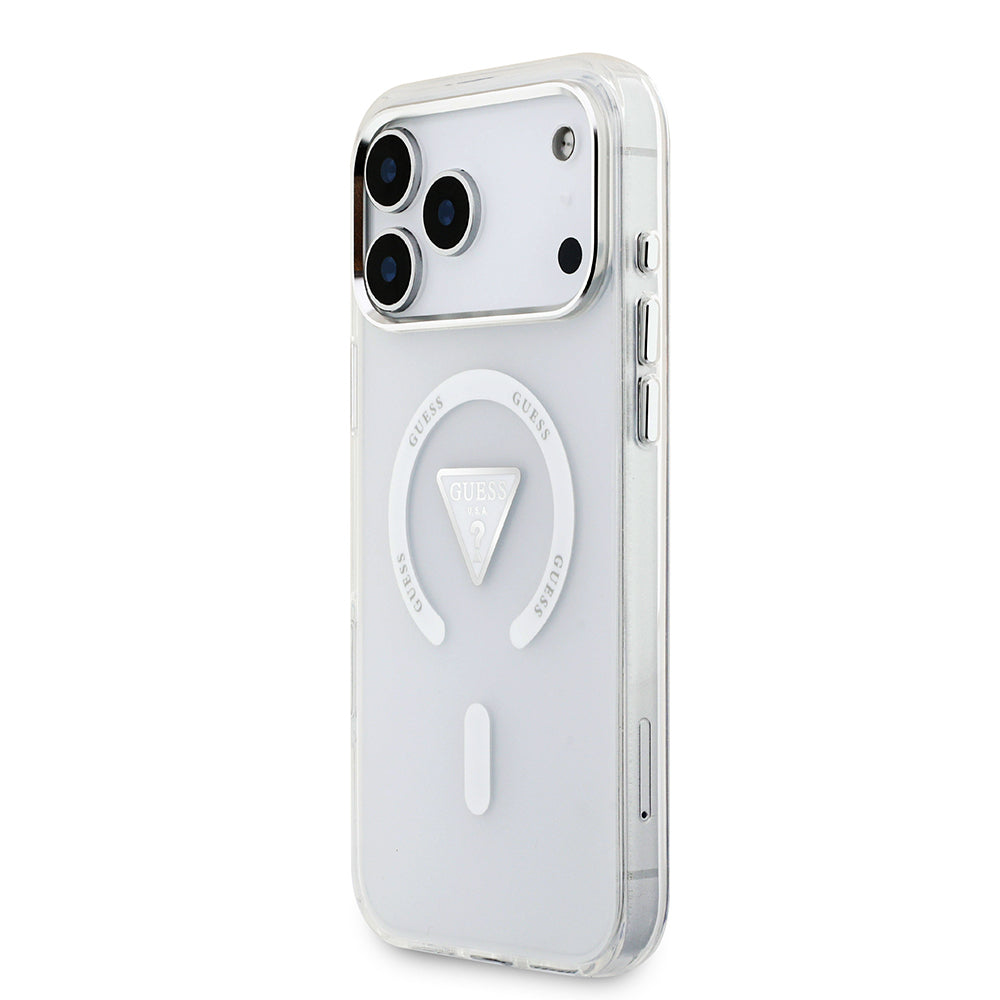 iPhone 17 Pro Max Kılıf Guess Orjinal Lisanslı M-safe Şarj Özellikli IML Baskılı Üçgen Logolu Metal Kamera Çerçeveli Kılıf