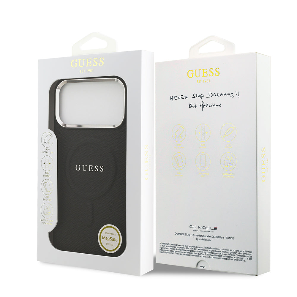 iPhone 17 Pro Max Kılıf Guess Orjinal Lisanslı M-safe Şarj Özellikli Klasik Yazı Logolu PU Deri Kılıf