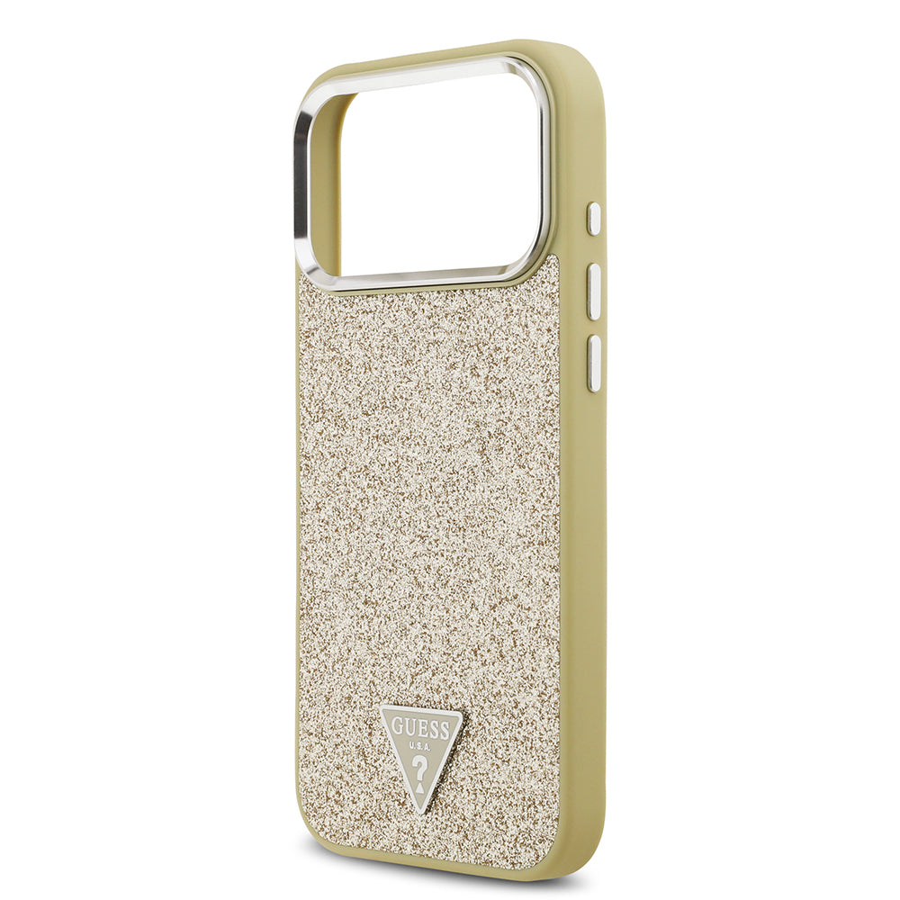 iPhone 17 Pro Max Kılıf Guess Orjinal Lisanslı M-safe Şarj Özellikli Metal Kamera Çerçeveli Üçgen Logolu Glitter Kılıf