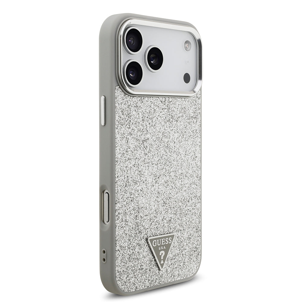 iPhone 17 Pro Max Kılıf Guess Orjinal Lisanslı M-safe Şarj Özellikli Metal Kamera Çerçeveli Üçgen Logolu Glitter Kılıf