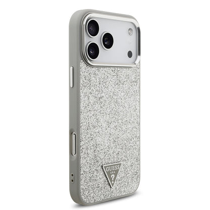 iPhone 17 Pro Max Kılıf Guess Orjinal Lisanslı M-safe Şarj Özellikli Metal Kamera Çerçeveli Üçgen Logolu Glitter Kılıf