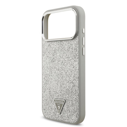 iPhone 17 Pro Max Kılıf Guess Orjinal Lisanslı M-safe Şarj Özellikli Metal Kamera Çerçeveli Üçgen Logolu Glitter Kılıf